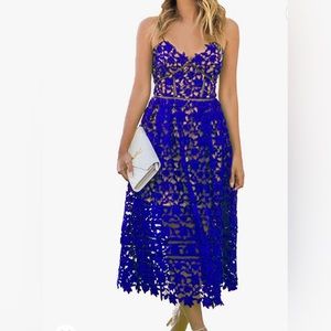 V-neck spaghetti strap lace dress sleeveless with pocket: blue XL